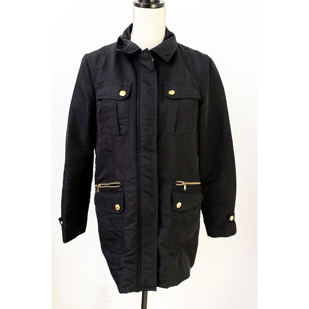 Lauren Ralph Lauren Black winter jacket red lined quilted no belt gold accents